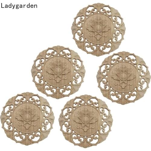 5PCS Carved Flower Carving Sculptures Wood Appliques for Furniture Cabinet Unpainted Wooden Mouldings Decal Decorative Statues