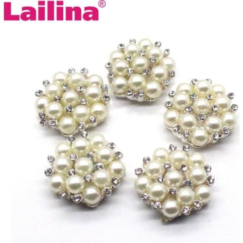 50Pcs Round Pearl Rhinestone Flatback Buttons Wedding Dress Embellishment