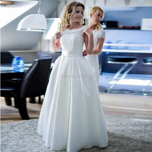 A Line Satin Wedding Dresses with Lace Bodice Floor Length Short Sleeves Bridal Gowns White Robe de Married Longo 2020 Simple