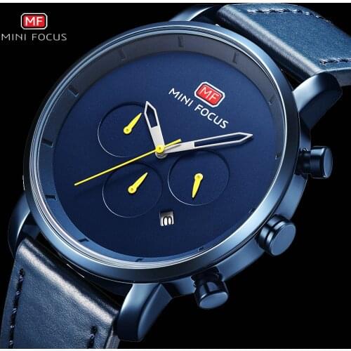 MINIFOCUS Simple Blue Watch Men Leather Strap Quartz Watches Top Brand Luxury Calendar Working 3 Sub-dial Fashion Casual Clocl