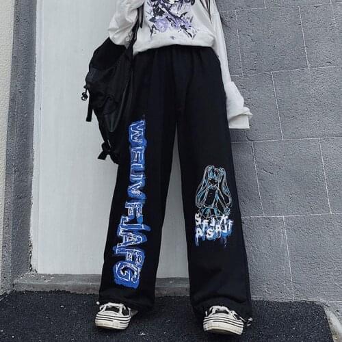 Harajuku style black wide-leg pants women autumn 2020 new Korean retro anime print loose bf sports casual pants trend