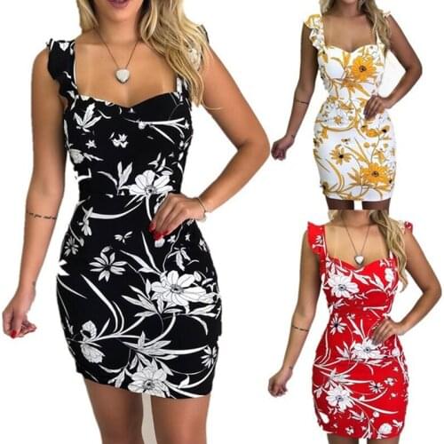 Summer Fashion Skinny Short Dress Floral Printing Ruffles Sleeveless Bodycon Dress Sexy Club Bandage Dress Vestidos Plus Size