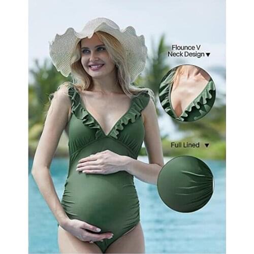 Summer Maternity Swimsuit V Neck One Piece Swimsuit Ruffled Lace Up Monokini