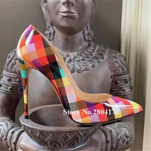 Top Brand Pointed Toe Patent Leather Colorful Grid Stiletto Heel Pumps Beautiful Mixed-colors 8cm 10cm 12cm Big Size High Heels