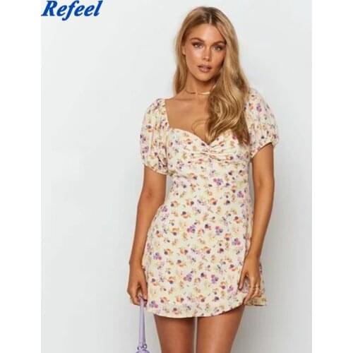 Summer New Sweet Women Dress Fashion Square Collar Puff Short Sleeve Floral Print Ruffles Slim Mini Elegant Women Dress