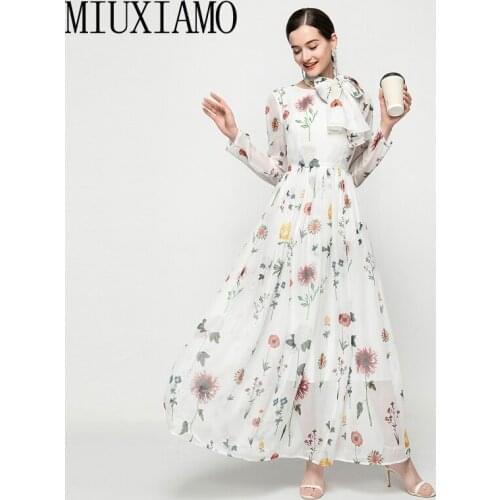 MIUXIMAO 2021 Long Dress Bohemian Runway Spring Women New Full Sleeve Casual Fashion Beach Elegant Floral Chiffon Dresses
