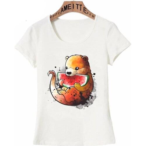 Lovely Otter eating watermelon watercolor Print T-shirts Fashion Women T-Shirt Funny Animal Design Casual Tops Cute Girl Tees