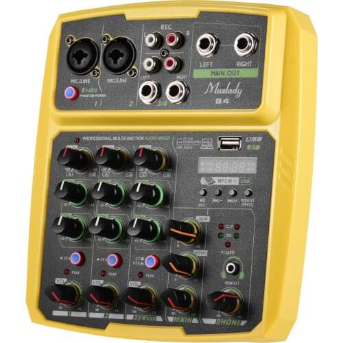 Muslady B4 Portable 4 Channels Audio Mixer USB Mixing Console Supports BT Connection with Sound Card Built-in 48V Phantom Power