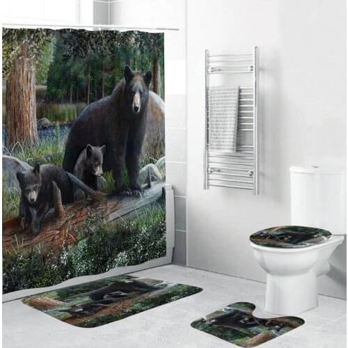 Animal Black Bear Print Shower Curtain Set Bath Mats Rugs Bathroom Curtains Sets Anti-skid Rug Toilet Lid Cover Mat Home Decor