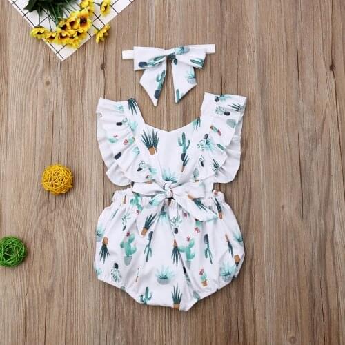Newborn Baby 2 pieces Set Cactus Sling Climber + Bow Hair Band Girl Bodysuit Jumpsuit Headband Lovely Baby Clothing