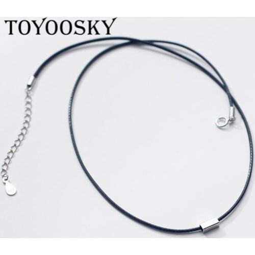 Black Leather Rope Ribbon Clavicle Necklace 40CM Brand New Strand Style 925 Sterling Silver Gift For Women