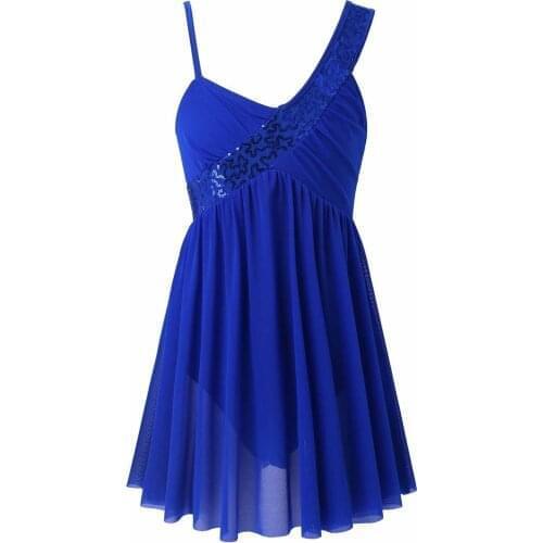 Kids Girls Open Back Lyrical Dance Dress Sequins Irregular High-Low Skirt Ballroom Dancing Costumes Figure Skating Ballet Dress