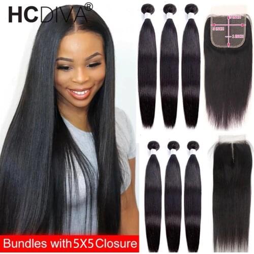 Brazilian Straight Hair Bundles With Closure Remy Bone Straight Human Hair Weave Bundles With T Part Lace Closure With Baby Hair