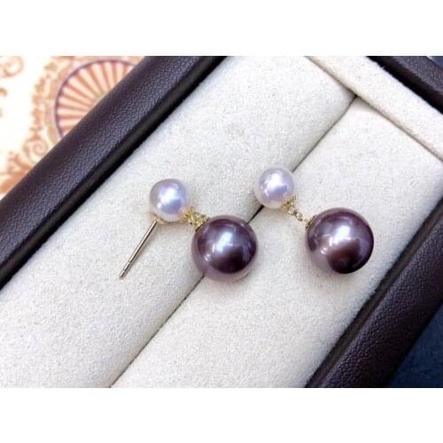 Pearl Earrings Solid 18K Gold Round 7-11mm Nature Fresh Water Purple Pearls and White Pearls Stud Earrings for Presents
