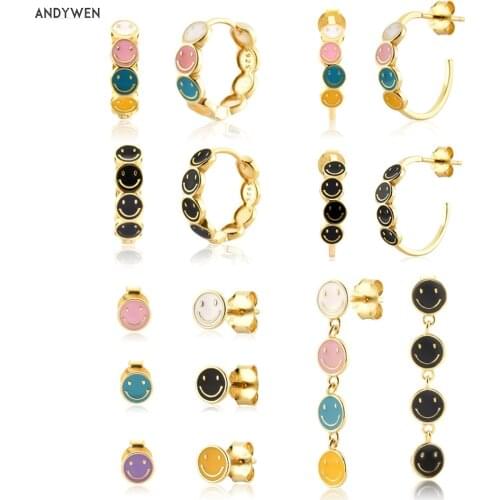 ANDYWEN 925 Sterling Silver 2022 New Smile Happy Mood Face Stud Earring Hoops Drop Piercing Huggies Necklace Women Jewelry Set