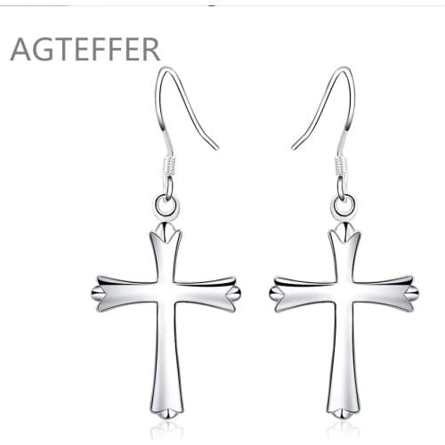 AGTEFFER 925 Sterling Silver Smooth Cross Earring For Women Wedding Engagement Party Fashion Charm Jewelry
