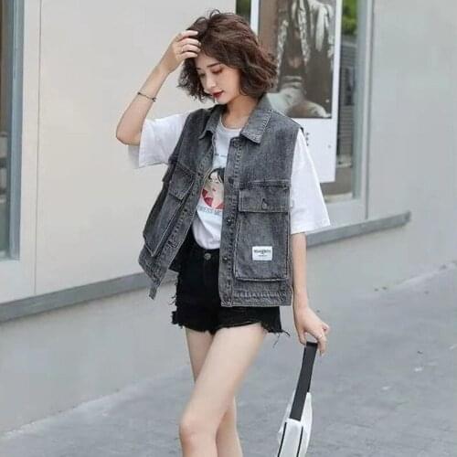 Loose Women Jeans Vest Fashion Teens Sleeveless Denim Outwear Big Pocket Spring Summer Single-Breasted Casual Tops Students