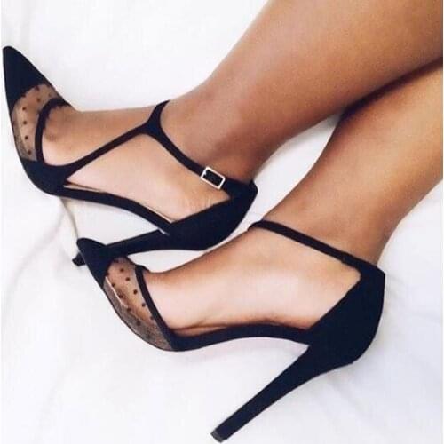 Elegant Black Polka Dots Mesh Women Shoes High Heels Pointy Toe Ankle Strap Heels Pumps Ankle Strap Buckle Patchwork Ladies Shoe