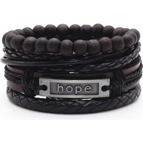 Hope Black Beaded Believe Wrap Handmade Woven Men Leather Bracelets Women Vintage Bangle Male Homme Jewelry Accessories