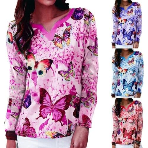 Vintage Shirts Womens Casual Harajuku Butterfly Printing Oversized Blouses Long Sleeve V-neck Spring Tee Top Рубашка Женская