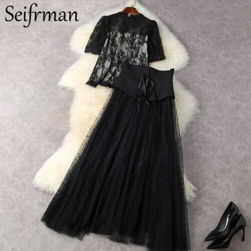 Seifrmann New 2021 Summer Women Fashion Designer Skirts Set Short Sleeve Black Tops + High Waist Big Swing Mesh Skirts Suits