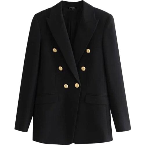 2021 New Women Fashion Double Breasted Black Blazer Coat Vintage Long Sleeve Pockets Female Outerwear Chic Veste Femme