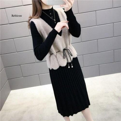 Women Faux Fox Fur Vest with Dress 2 Pcs Set Pullover Vest Autumn Long Knitting Dresses Dress Sets Lady