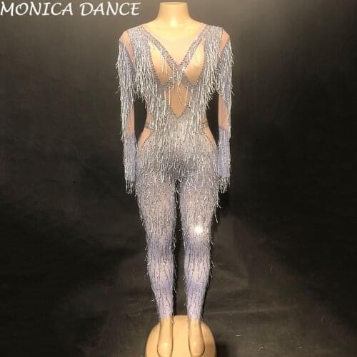 Women Sexy Stage Jumpsuit Silver Tassel Bling Sparkling Crystals Bodysuit Nightclub Party Stage Wear Dancer Singer Jumpsuit