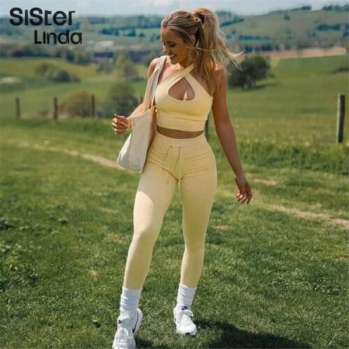 Sisterlinda Ribbed Two Piece Set Women Casual Fitness Stretchy Halter Tops+Trousers Female Tracksuit Matching Sportwear Outfits