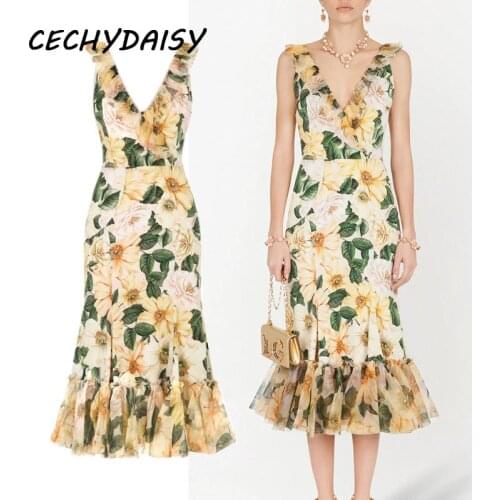 Summer Dress Runway 2021 High Street Sexy Sleeveless Rose Flower Printed Yellow Floral Ruchend Mermaid Boho Y2K Dresses Vestidos