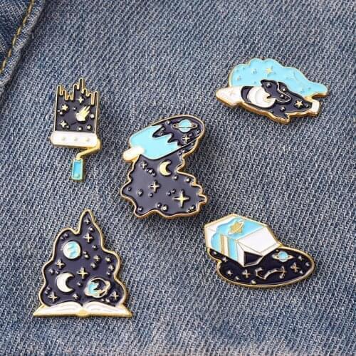 New brooch starry sky mountain peak magic book shape paint badge enamel pins for friends jewelry