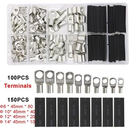 270/250/120/90/60 PCS Assortment Copper Ring Terminal Wire Crimp Connector Bare Cable Battery Terminals Connectors Kit