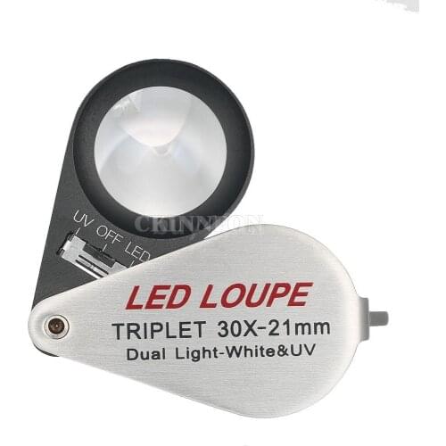 30pcs 30X Mini Handheld LED Jeweler Loupe Portable 21mm 6 Jeweler Loupe Magnifier Triplet Magnifying Glass Lights UV Detector