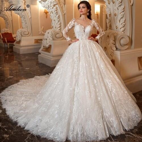 Alonlivn Charming Appliques Lace O-Neck Wedding Dress Full Sleeves Luxury Ball Gown Bride Gowns Customize Made