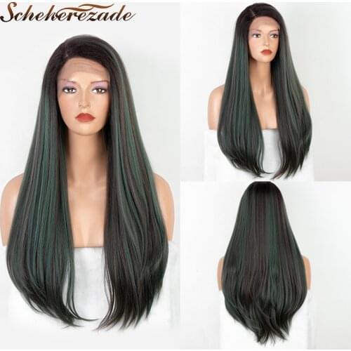 Highlight Green Synthetic Lace Front Wigs Cosplay Straight Long Wigs For Women Ombre Lace Front Wigs Heat Resistant Scheherezade