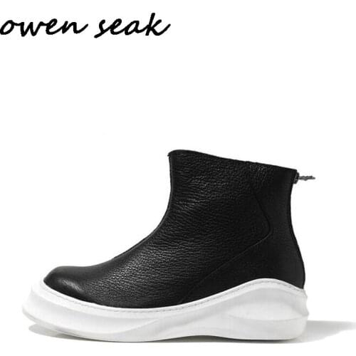 New Men Casual Boots Cow Leather High-TOP Ankle Boots Luxury Trainers Spring Zip Flats Black Shoes Sneakers