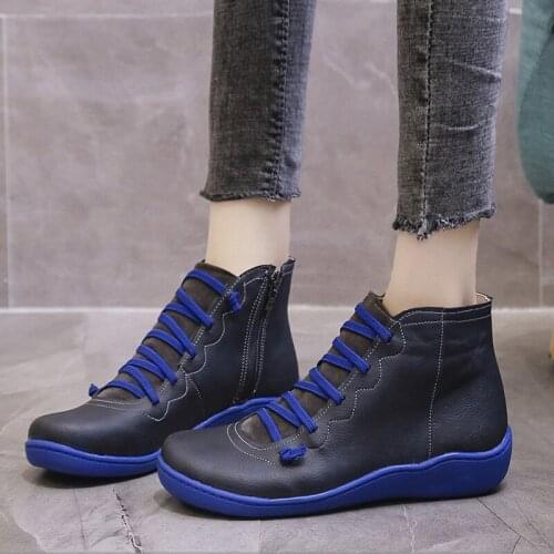 Womens PU Leather Ankle Boots Women Autumn Winter Cross Strappy Vintage Punk Jason Martins Boots Flat Ladies Shoes Botas Mujer