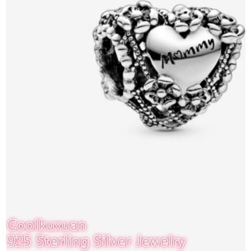 Mothers Day 100% 925 Sterling Silver Openwork Flower Heart Mommy Charm beads Fits Original Pandora bracelets Jewelry