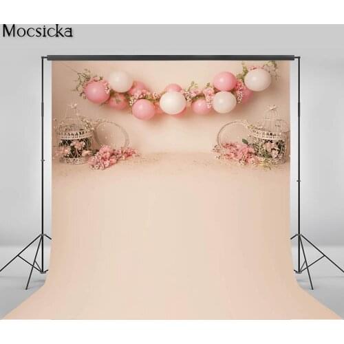 Girl Birthday Portrait Photography Backdrop Floral Cage Balloons Pink Newborn Baby Portrait Cake Smash Background Photo Studio