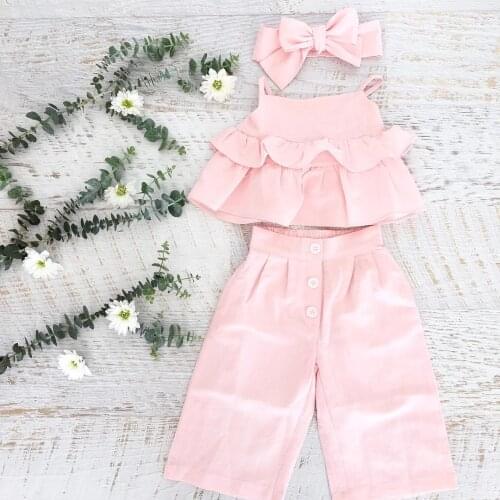 Wholesale Kid Baby Girls Clothes Sets Summer Casual Sleeveless Tops Pants Headband 3pcs Outfits Fashion Clothing 0-5Years