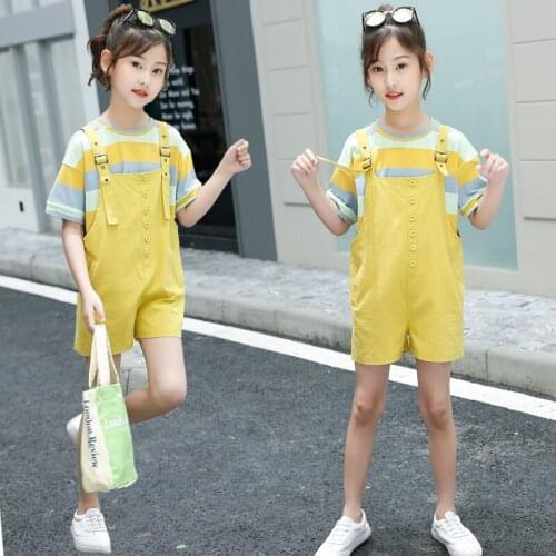 IENENS Summer Girl Clothes Sets Rainbow Tees + Overalls Fit 4-13 Years Kids Clothing Child Casual Outfits Baby Cotton Suits