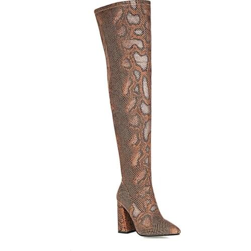 Flock Fashion All-Match Long Tube Thick Heel Pointed Toe Womens Shoe Side Zipper Super High Heel Snake Print Over The Knee Boot