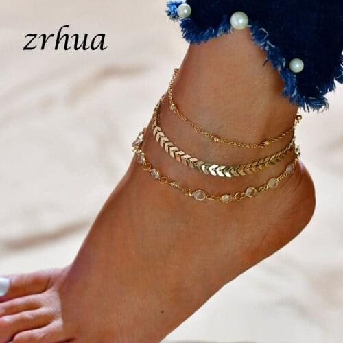 ZRHUA Crystal Sequins Anklet Set For Women Beach Foot jewelry Vintage Statement Anklets Boho Style Party Trendy Jewelry 3Pcs/lot