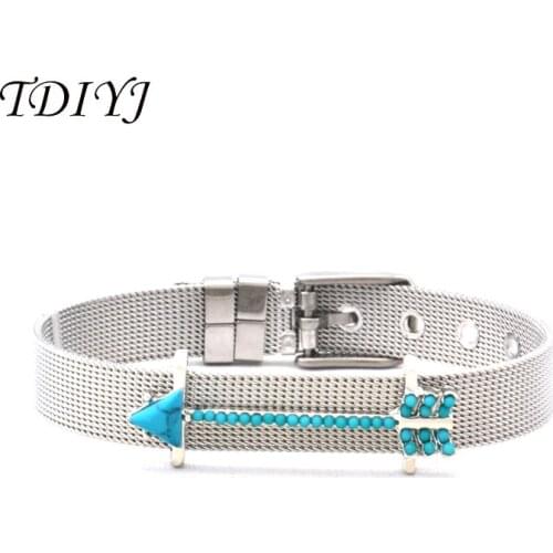 TDIYJ Newest Collection Jewelry Mesh Stainless Steel Keeper Bracelet with Big Arrow Keeper Slide Charms 1Set