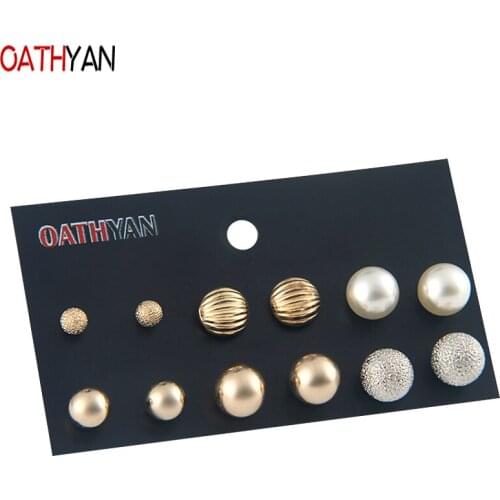 OATHYAN 6 Pairs/Set Classic Gold Color Alloy Ball Stud Earrings Set For Women Simulated Pearl Earring Female Metal Jewelry Gift