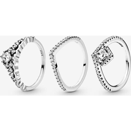 Original 925 Sterling Silver Rings For Women Tiara Crown Wishbone Engagement Wedding Stacking Ring Crystals Luxury Jewelry