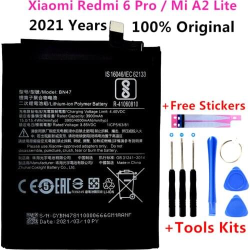 2021 Years Original 4000mAh BN47 Replacement Battery For Xiaomi Redmi 6 Pro / Mi A2 Lite Bateria Batterie Mobile Phone Batteries