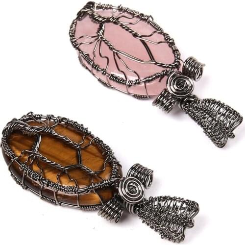 1PC Natural stone drop pendant Copper wire hand-woven DIY pendant with creative oval life tree lucky ornament pendant