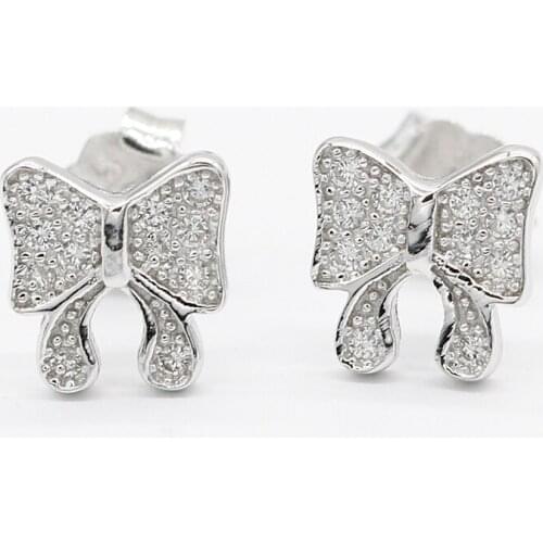 925 Sterling Silver Stud Earrings Lovely Bowknot with Clear Cubic Zircon Small Earrings for Women Fine Jewelry