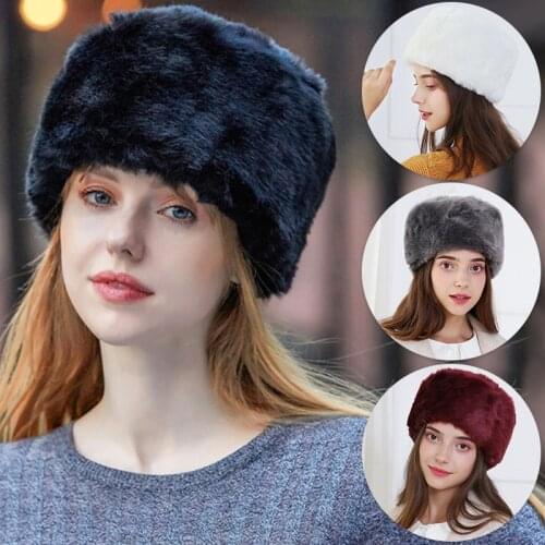 Fashion Rrabbit Faux Fur Cossack Style Russian Women Winter Soft Ski Earflap Hats Warm Round Flat Cap Female Headgear